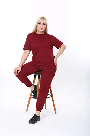 Büyük Beden Düz Renk Kısa Kollu Ikiiplik Kumaş Ikili Takım