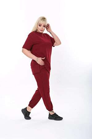 Büyük Beden Düz Renk Kısa Kollu Ikiiplik Kumaş Ikili Takım