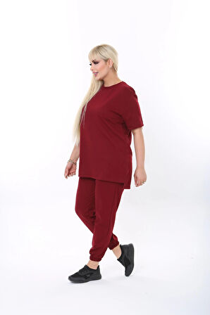 Büyük Beden Düz Renk Kısa Kollu Ikiiplik Kumaş Ikili Takım