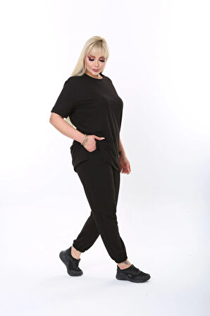 Büyük Beden Düz Renk Kısa Kollu Ikiiplik Kumaş Ikili Takım