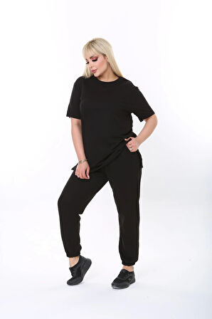 Büyük Beden Düz Renk Kısa Kollu Ikiiplik Kumaş Ikili Takım