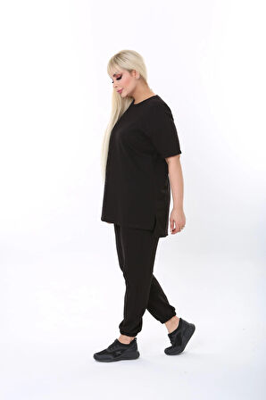 Büyük Beden Düz Renk Kısa Kollu Ikiiplik Kumaş Ikili Takım