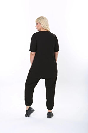 Büyük Beden Düz Renk Kısa Kollu Ikiiplik Kumaş Ikili Takım