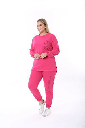 Kadın Büyük Beden Yazılı Uzun Kol Kol Paça Lastikli İkiiplik Takım