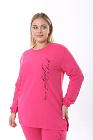 Kadın Büyük Beden Yazılı Uzun Kol Kol Paça Lastikli İkiiplik Takım