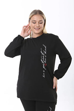 Kadın Büyük Beden Yazılı Uzun Kol Kol Paça Lastikli İkiiplik Takım