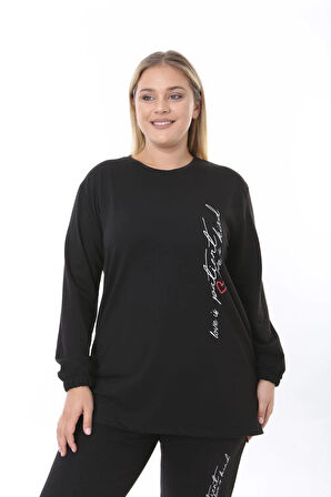 Kadın Büyük Beden Yazılı Uzun Kol Kol Paça Lastikli İkiiplik Takım