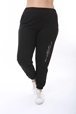 Kadın Büyük Beden Yazılı Uzun Kol Kol Paça Lastikli İkiiplik Takım