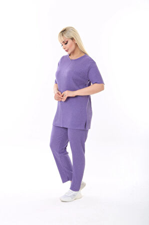 Kadın Kısa Kollu Beli Lastikli Yırtmaçlı Rahat Kalıp Ikili Kaşkorse Takım