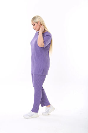 Kadın Kısa Kollu Beli Lastikli Yırtmaçlı Rahat Kalıp Ikili Kaşkorse Takım