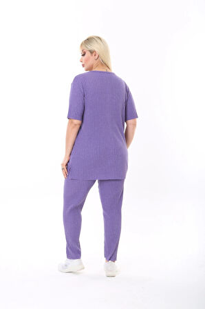 Kadın Kısa Kollu Beli Lastikli Yırtmaçlı Rahat Kalıp Ikili Kaşkorse Takım