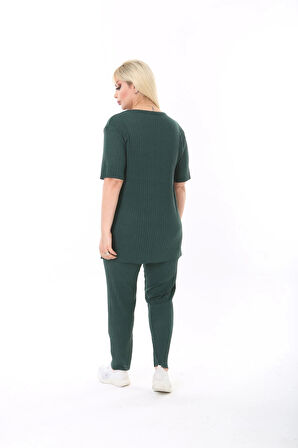 Kadın Kısa Kollu Beli Lastikli Yırtmaçlı Rahat Kalıp Ikili Kaşkorse Takım