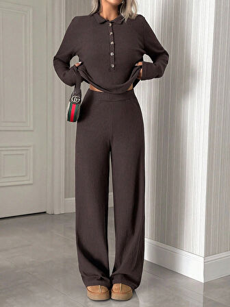 Kadın Uzun Kollu Yaka Düğmeli Yüksek Bel İkili Takım