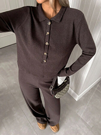 Kadın Uzun Kollu Yaka Düğmeli Yüksek Bel İkili Takım