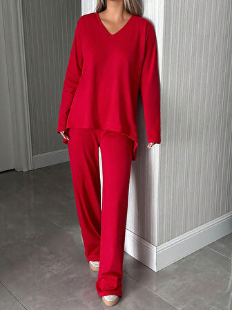 Kadın Uzun Kollu Yüksek Bel V Yaka Kırmızı İkili Takım