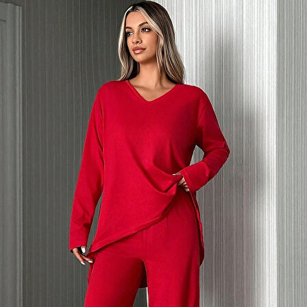 Kadın Uzun Kollu Yüksek Bel V Yaka Kırmızı İkili Takım