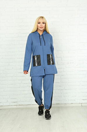 Kadın Mavi Kapüşonlu Fermuarlı Deri Detaylı Büyük Beden Takım