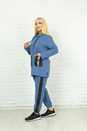 Kadın Mavi Kapüşonlu Fermuarlı Deri Detaylı Büyük Beden Takım