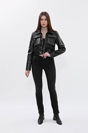 Kadın Çift Düğmeli Siyah Düz Jean Pantolon