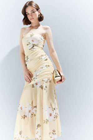 DeFacto Coool Bodycon Vücudu Saran Straplez Çiçek Desenli Tül Maxi Elbise F5577AX25SMYL272