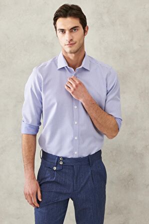 Erkek Beyaz-mavi Ütü Gerektirmeyen Non-iron Slim Fit Dar Kesim %100 Pamuk Gömlek