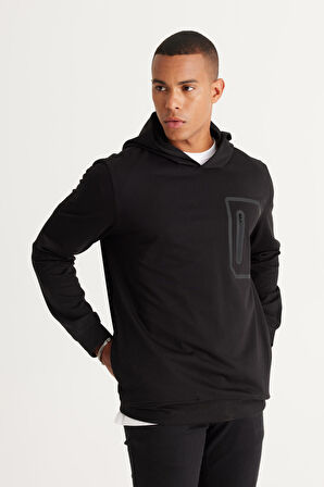 Erkek Siyah Standart Fit Normal Kesim Kapüşonlu Pamuklu Sweatshirt