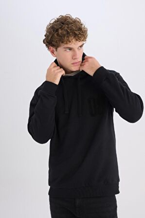 DeFacto Siyah Relax Fit Kapüşonlu Baskılı Kalın Sweatshirt D2682AX24AUBK34