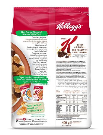 Kellogg's Special K Bitter Çikolatalı Kahvaltılık Tam Buğday ve Pirinç Gevreği 400 Gr,Tam Tahıllı