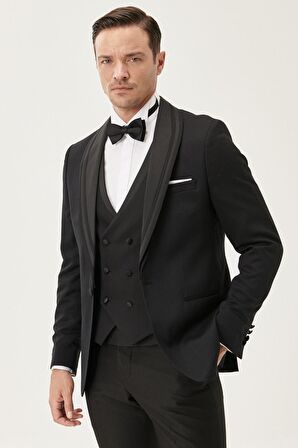 Erkek Siyah Slim Fit Dar Kesim Yelekli Desenli Smokin Damatlık