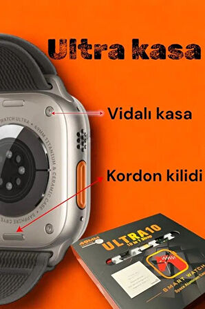 Ultra 10 Watch 49mm 10 in 1 Edition 10 Kordon + Silikon Koruyucu Kablosuz Şarj Özellikli Akıllı Saat