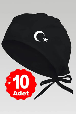 10lu Beyaz Ay Yıldız Basklılı Siyah Özel Tasarım Aşçı Ve Şef Bonesi