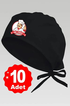 10lu Mr. Chef Logo Basklılı Siyah Özel Tasarım Aşçı Ve Şef Bonesi