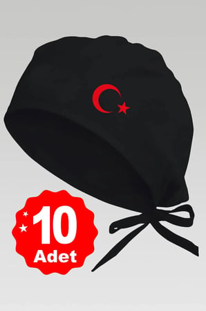10lu Kırmızı Ay Yıldız Basklılı Siyah Özel Tasarım   Bonesi