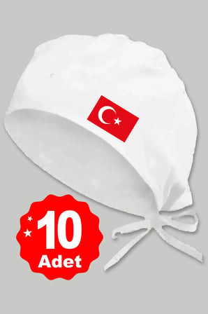 10lu Türk Bayrağı Basklılı Beyaz Özel Tasarım Aşçı Ve Şef Bonesi