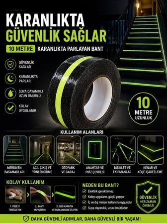 10 Metre Gece Parlayan Fosforlu Kaydırmayan Merdiven Bandı Yürüyüş Yolu - Acil Çıkış Şeritli
