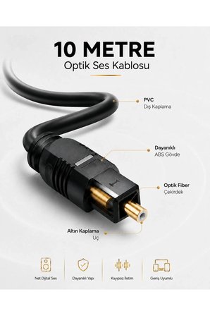10 METRE Optik Ses Kablosu Toslink Dijital Fiber Ev Sinema Soundbar Uyumlu Siyah Altın Kaplama Uçlu Kristal Netliğinde Parazitsiz Sinyal İletimi Çevresel Surround Akustik Ses Sistemi Bağlantı Kablosu