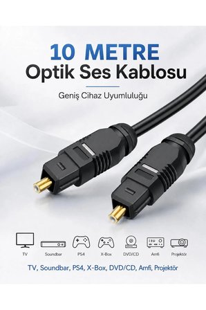 10 METRE Optik Ses Kablosu Toslink Dijital Fiber Ev Sinema Soundbar Uyumlu Siyah Altın Kaplama Uçlu Kristal Netliğinde Parazitsiz Sinyal İletimi Çevresel Surround Akustik Ses Sistemi Bağlantı Kablosu