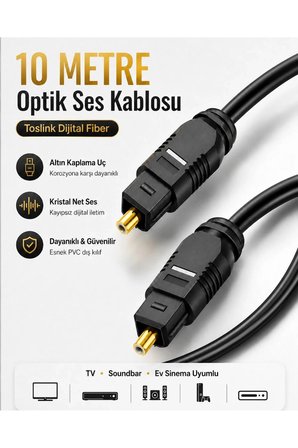 10 METRE Optik Ses Kablosu Toslink Dijital Fiber Ev Sinema Soundbar Uyumlu Siyah Altın Kaplama Uçlu Kristal Netliğinde Parazitsiz Sinyal İletimi Çevresel Surround Akustik Ses Sistemi Bağlantı Kablosu