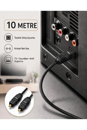 10 METRE Optik Ses Kablosu Toslink Dijital Fiber Ev Sinema Soundbar Uyumlu Siyah Altın Kaplama Uçlu Kristal Netliğinde Parazitsiz Sinyal İletimi Çevresel Surround Akustik Ses Sistemi Bağlantı Kablosu