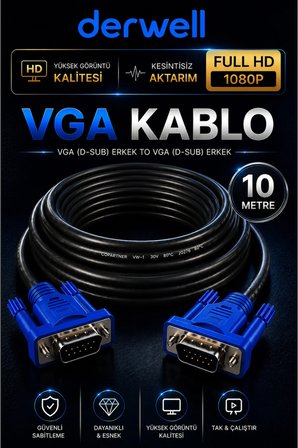 10 Metre VGA Kablo Full HD 1080P Kesintisiz Aktarım D-Sub Erkek To Erkek Altın Uçlu Dayanıklı Monitör Projeksiyon Bilgisayar Ekran Görüntü Aktarıcı Kablosu Çift Vidalı Güvenli Sabitleme