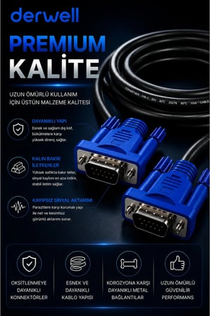 10 Metre VGA Kablo Full HD 1080P Kesintisiz Aktarım D-Sub Erkek To Erkek Altın Uçlu Dayanıklı Monitör Projeksiyon Bilgisayar Ekran Görüntü Aktarıcı Kablosu Çift Vidalı Güvenli Sabitleme