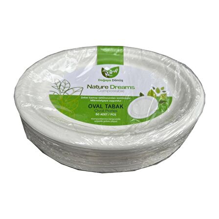 Roll-Up Nature Ekolojik Karton Kağıt Tek Kullanımlık Oval Tabak - 20x26 Cm. - 50 Adetlik 10 Paket