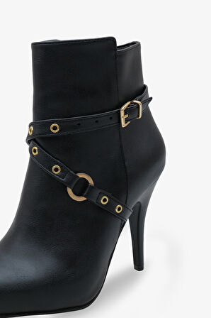 Kadın Kemerli Yandan Fermuarlı Sivri Burun Günlük Topuklu bot Tery Siyah