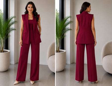 Mürdüm Klasik Yaka Tek Düğmeli Yelek Pantolon Kadın İkili Takım