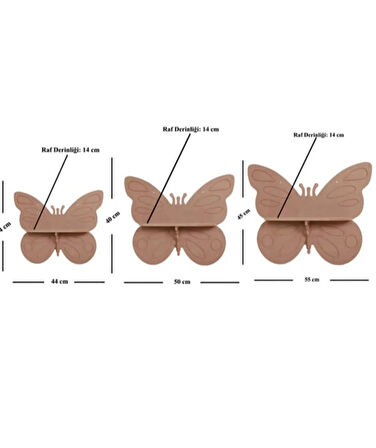 Ahşap Boyanabilir MDF 3 lü Set Dekoratif Kelebek Duvar Rafı - Terek