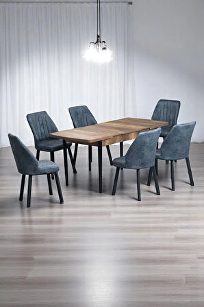 Luna Ceviz 80 x 132 Açılabilen Sunta Masa Siyah Metal Ayaklı Mutfak Masası 6 Kot Desen Füme Sandalye