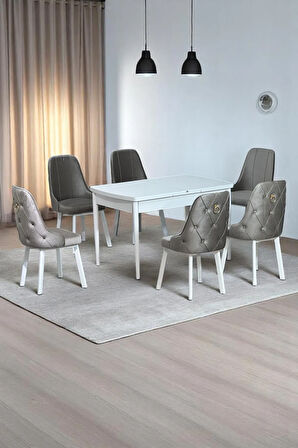 Sonata Beyaz 80 x 132 Açılabilen Sunta Masa Metal Ayaklı Mutfak Masası Takımı 6 Cappucino Sandalye