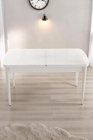 Sonata Beyaz 80 x 132 Açılabilen Sunta Masa Metal Ayaklı Mutfak Masası Takımı 6 Krem Sandalye