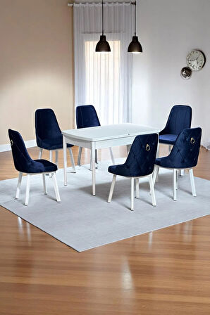 Sonata Beyaz 80 x 132 Açılabilen Sunta Masa Metal Ayaklı Mutfak Masası Takımı 6 Lacivert Sandalye