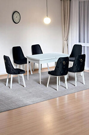 Sonata Beyaz 80 x 132 Açılabilen Sunta Masa Metal Ayaklı Mutfak Masası Takımı Siyah Sandalye